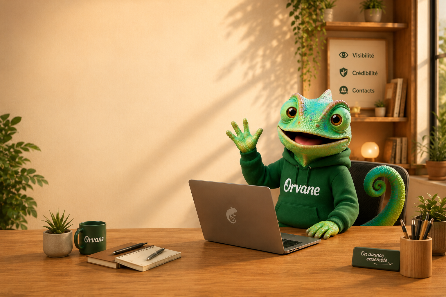 Mascotte Orvane, caméléon en hoodie vert